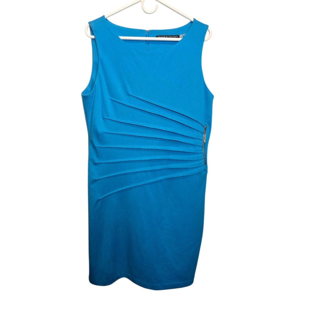 Ivanka Trump Sheath Dress Womens 16 Blue Pleated Sleeveless Party Evening